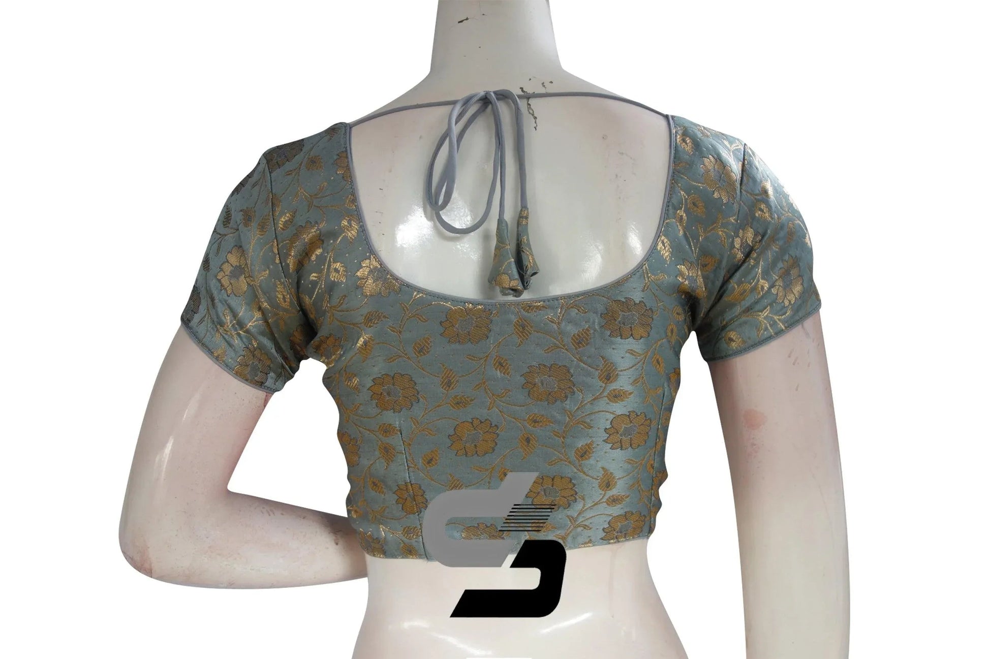 Grey Color Premium Banaras Brocade Silk Readymade Saree Blouse - D3blouses