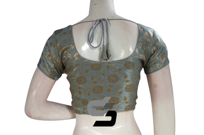 Grey Color Premium Banaras Brocade Silk Readymade Saree Blouse - D3blouses