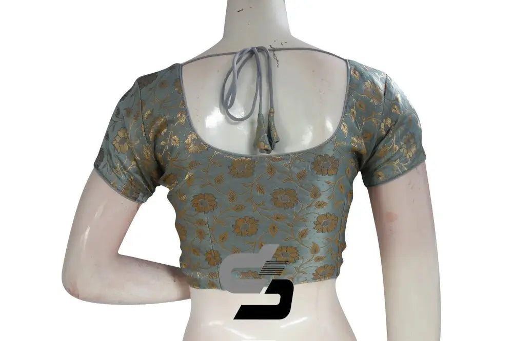 Grey Color Premium Banaras Brocade Silk Readymade Saree Blouse - D3blouses