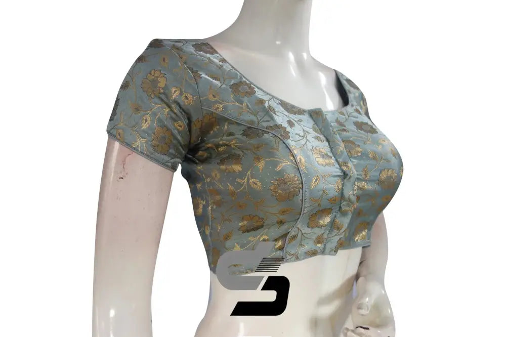 Grey Color Premium Banaras Brocade Silk Readymade Saree Blouse - D3blouses