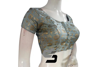Grey Color Premium Banaras Brocade Silk Readymade Saree Blouse - D3blouses