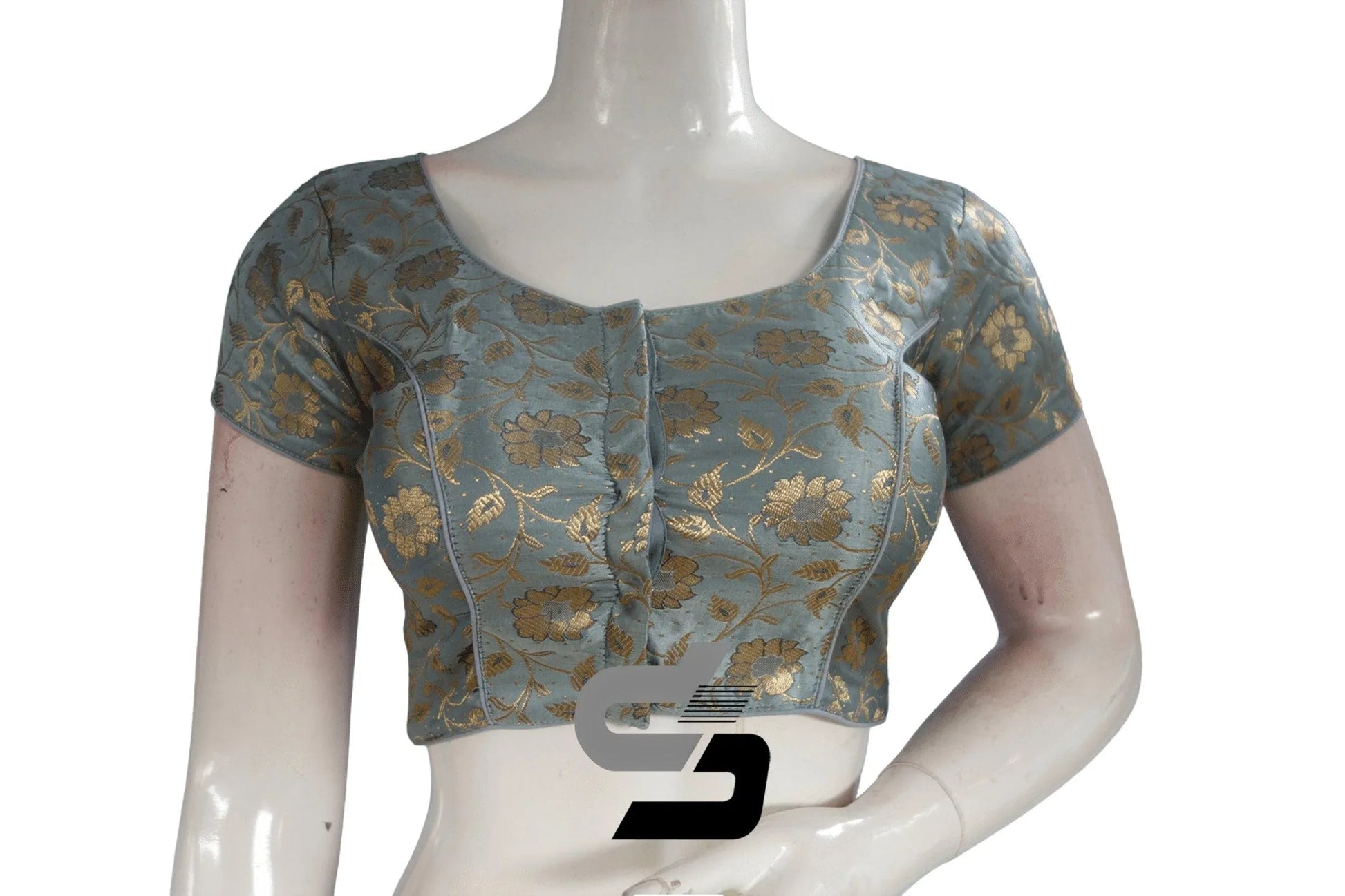 Grey Color Premium Banaras Brocade Silk Readymade Saree Blouse - D3blouses