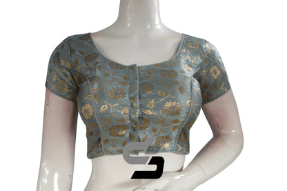 Grey Color Premium Banaras Brocade Silk Readymade Saree Blouse - D3blouses