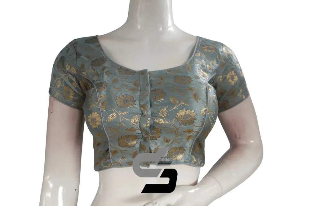 Grey Color Premium Banaras Brocade Silk Readymade Saree Blouse - D3blouses
