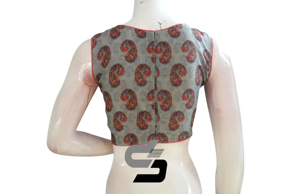 Grey Color Printed Silk Boat Neck Readymade Saree Blouse - D3blouses