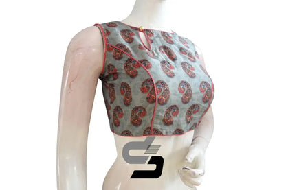 Grey Color Printed Silk Boat Neck Readymade Saree Blouse - D3blouses