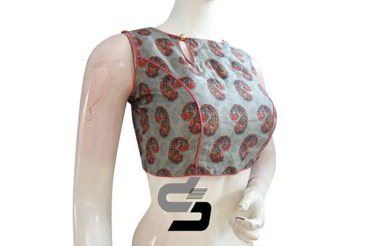 Grey Color Printed Silk Boat Neck Readymade Saree Blouse - D3blouses