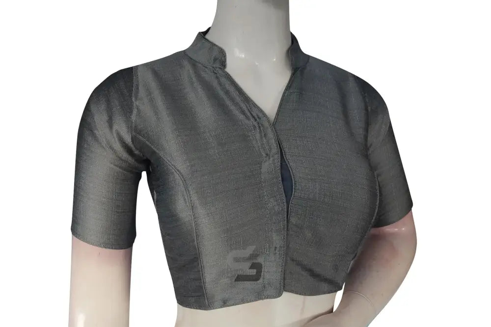 Grey Color Semi Silk Plain Collar Neck Readymade Blouse - D3blouses