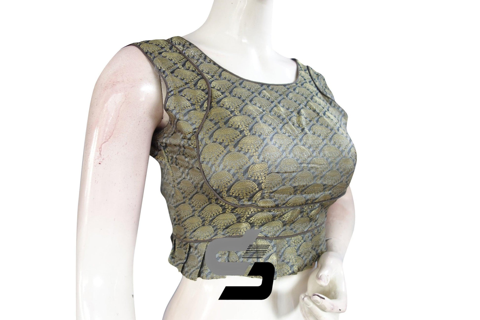 Grey Color Sleeveless Brocade Designer Party Wear Readymade Blouse/ Indian Crop Tops - D3blouses