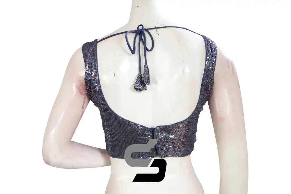 Grey Color Sleeveless Sequins Designer Party Wear Readymade Blouse/ Indian Crop Tops - D3blouses