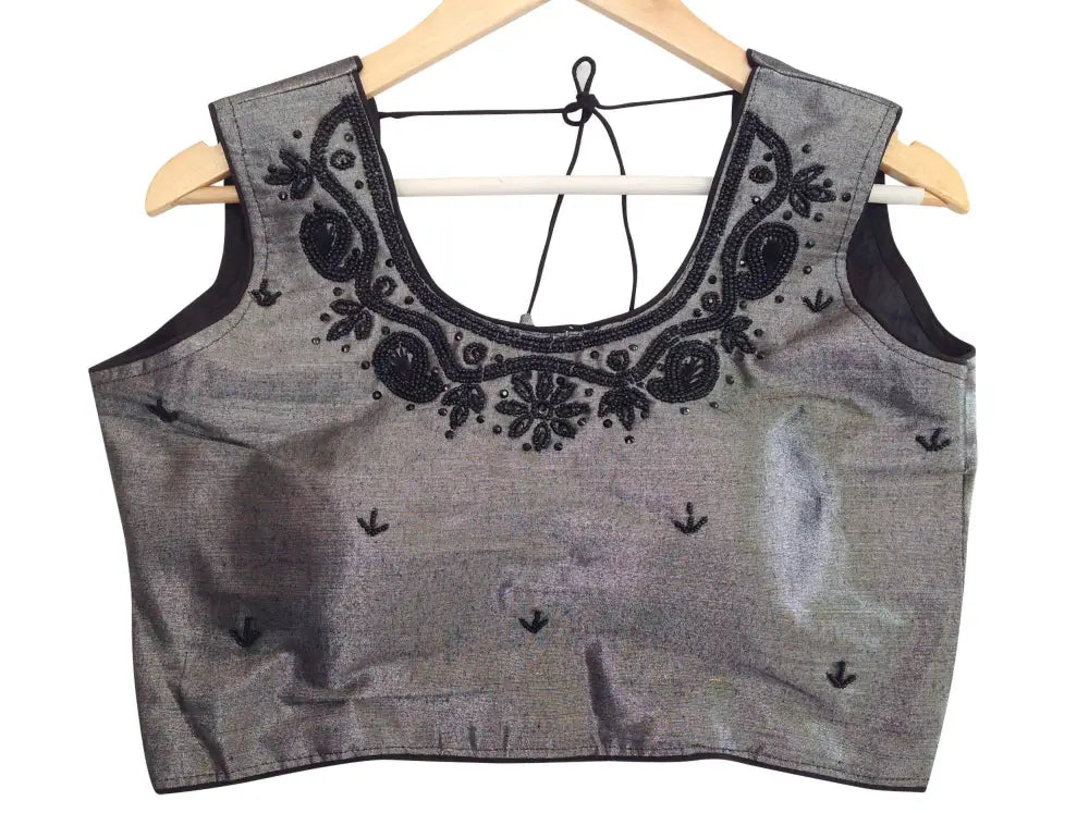 Grey Color Tissue Floral Designer Readymade Saree Blouse, Indian crop top - D3blouses