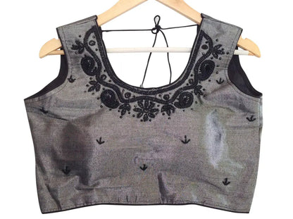 Grey Color Tissue Floral Designer Readymade Saree Blouse, Indian crop top - D3blouses