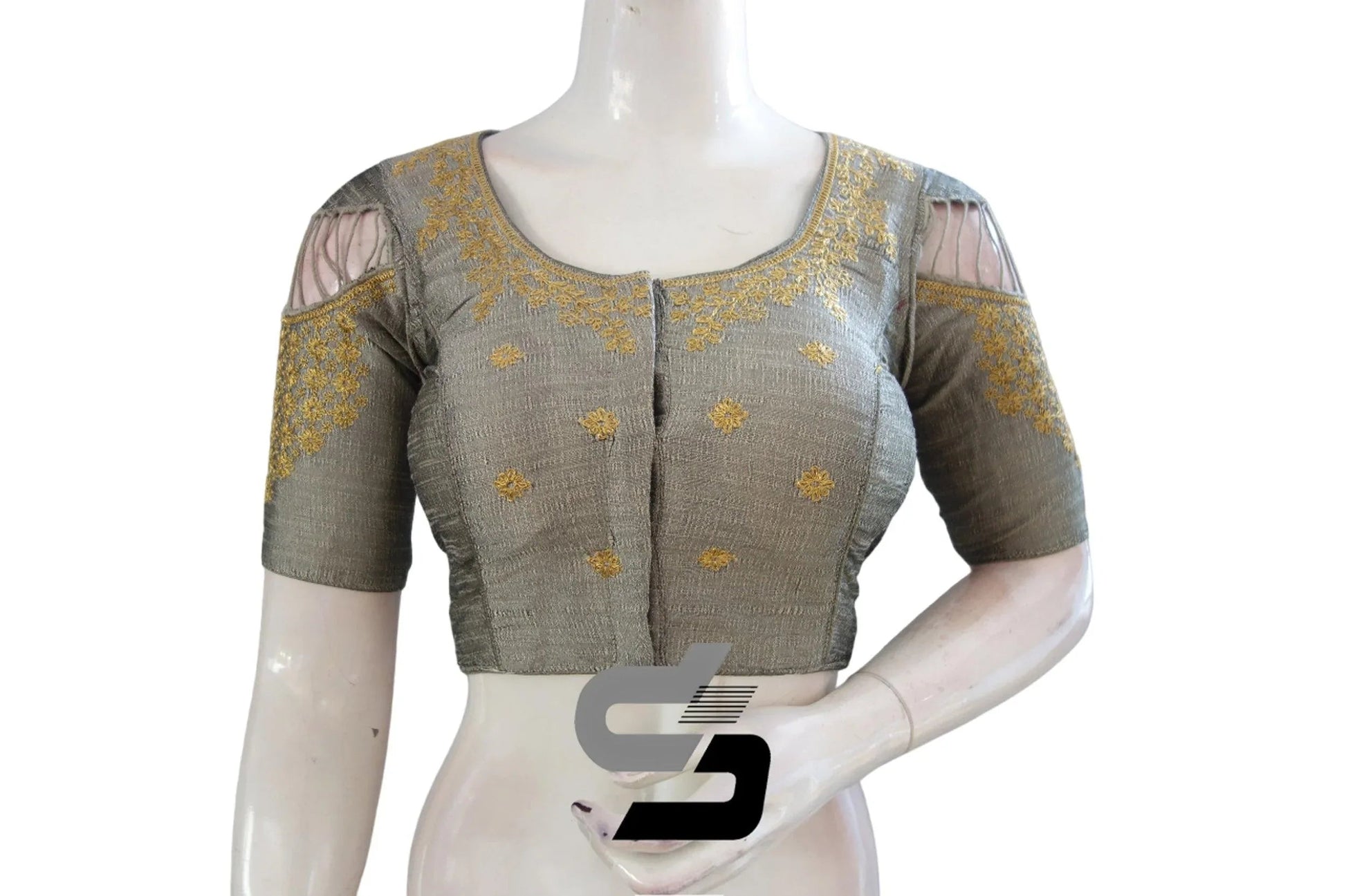 Grey High Neck Designer Saree Blouses with Embroidery - Embrace Feminine Sophistication! - D3blouses