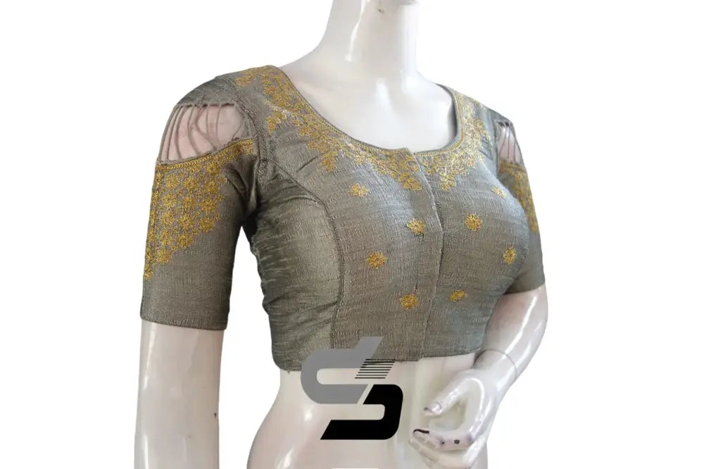 Grey High Neck Designer Saree Blouses with Embroidery - Embrace Feminine Sophistication! - D3blouses