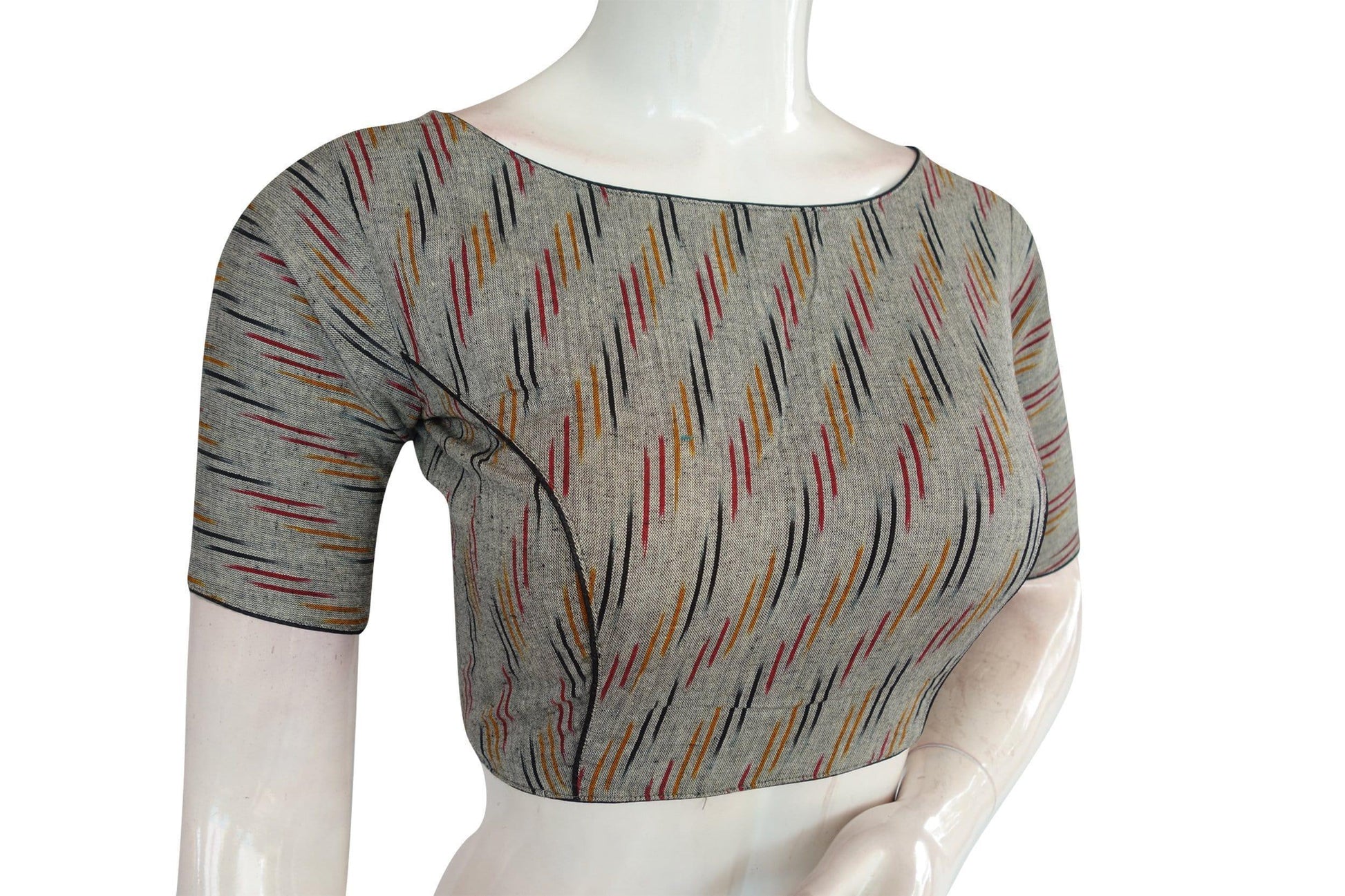 Grey Ikkat Boat Neck Designer Saree Blouses, Timeless Style - D3blouses