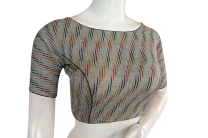 Grey Ikkat Boat Neck Designer Saree Blouses, Timeless Style - D3blouses