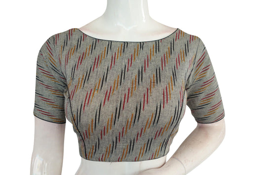 Grey Ikkat Boat Neck Designer Saree Blouses, Timeless Style - D3blouses