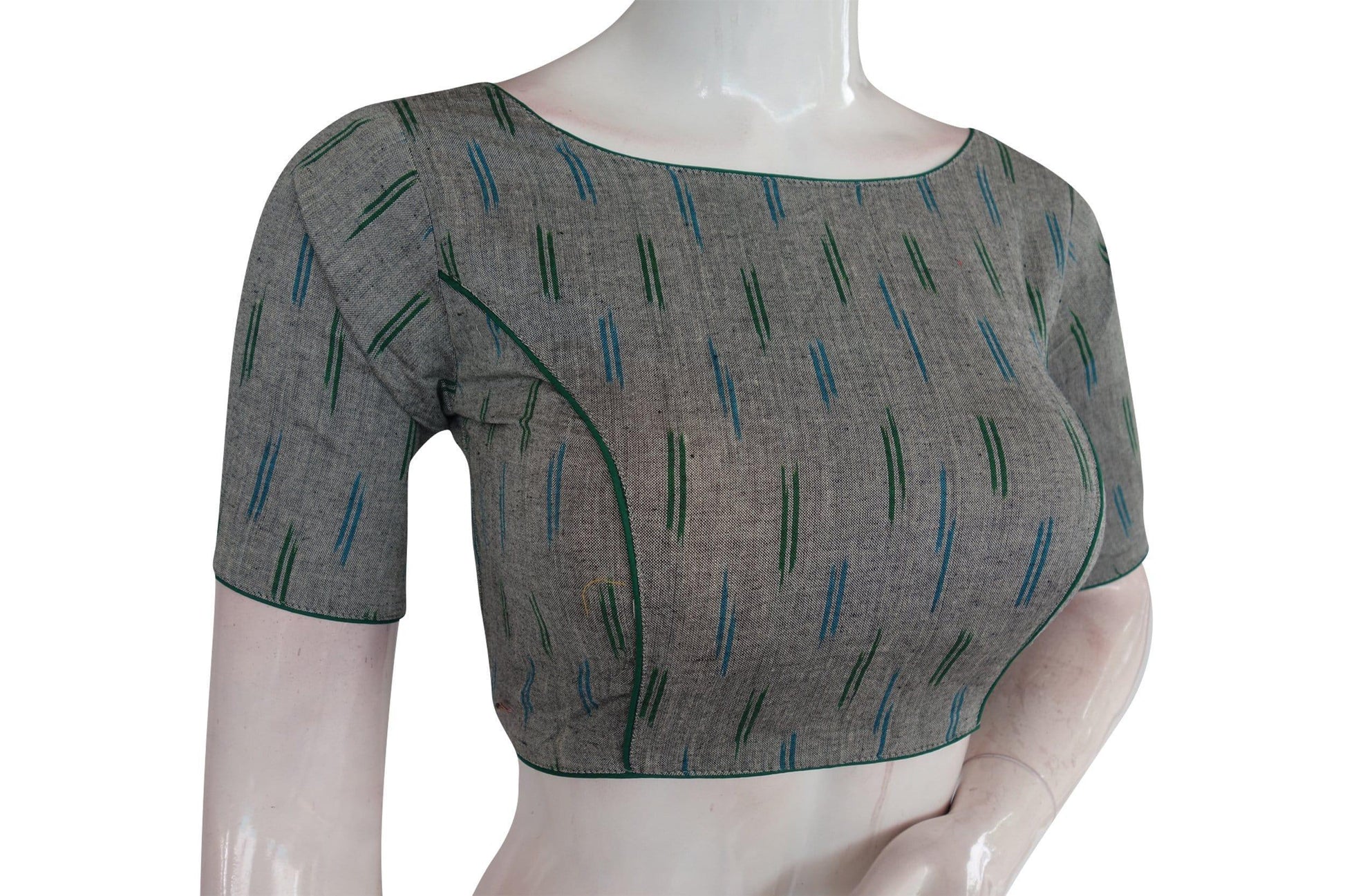 Grey Ikkat Boat Neck Saree Blouses: Designer Indian Readymade Collection - D3blouses