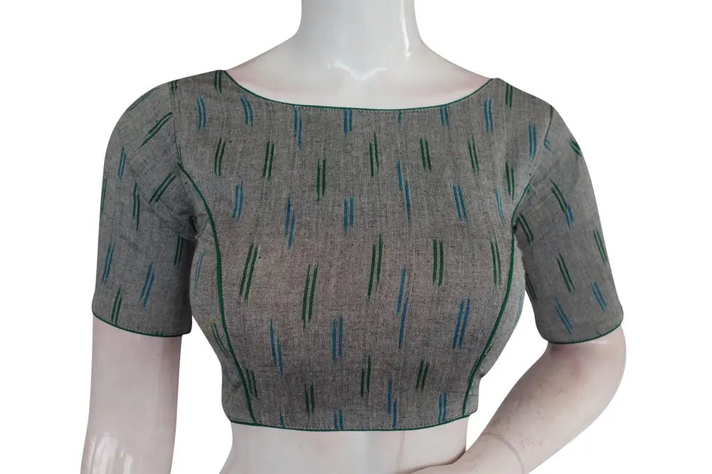 Grey Ikkat Boat Neck Saree Blouses: Designer Indian Readymade Collection - D3blouses