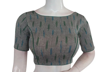 Grey Ikkat Boat Neck Saree Blouses: Designer Indian Readymade Collection - D3blouses