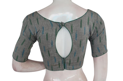 Grey Ikkat Boat Neck Saree Blouses: Designer Indian Readymade Collection - D3blouses