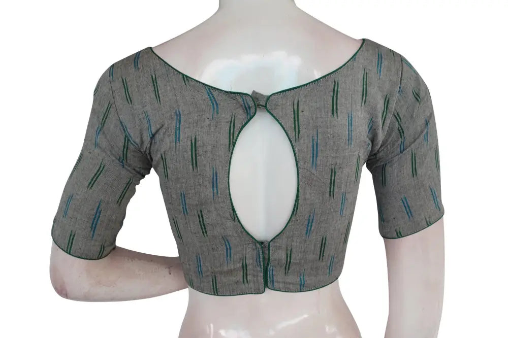 Grey Ikkat Boat Neck Saree Blouses: Designer Indian Readymade Collection - D3blouses