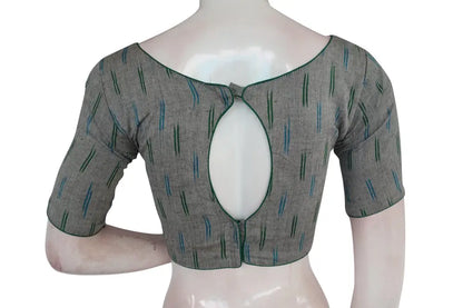 Grey Ikkat Boat Neck Saree Blouses: Designer Indian Readymade Collection - D3blouses