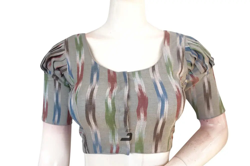 Grey Ikkat Cotton Designer Blouse, Chic Multi-Color with Puff Sleeves - D3blouses
