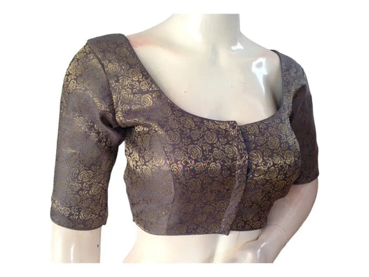 Grey Saree Blouse, Brocade Readymade Blouse, Plus Size Indian Choli top Online - D3blouses