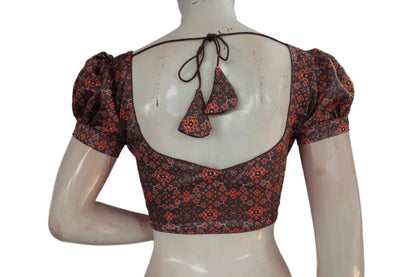 Greyish Purple Color Satin Printed Designer Readymade Blouse With Puff Sleeves - D3blouses