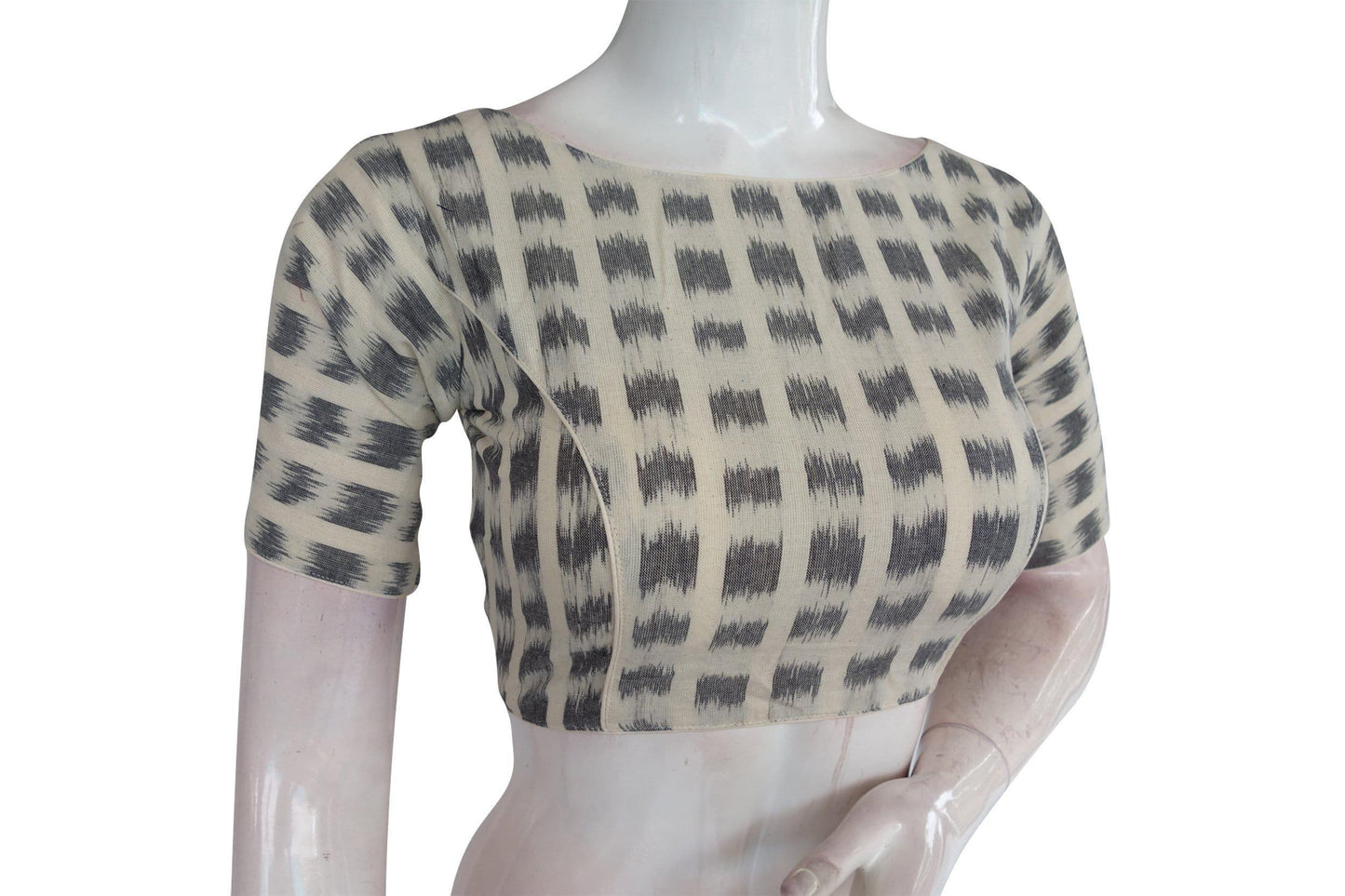 Half White Ikkat Boat Neck Designer Readymade Saree Blouses, Elevate Your Casual Look - D3blouses