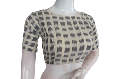 Half White Ikkat Boat Neck Designer Readymade Saree Blouses, Elevate Your Casual Look - D3blouses