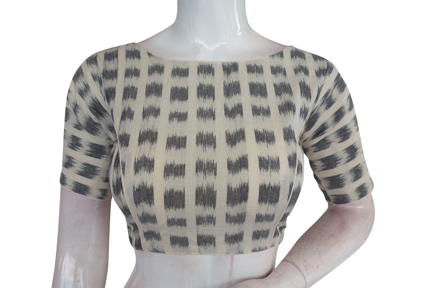 Half White Ikkat Boat Neck Designer Readymade Saree Blouses, Elevate Your Casual Look - D3blouses