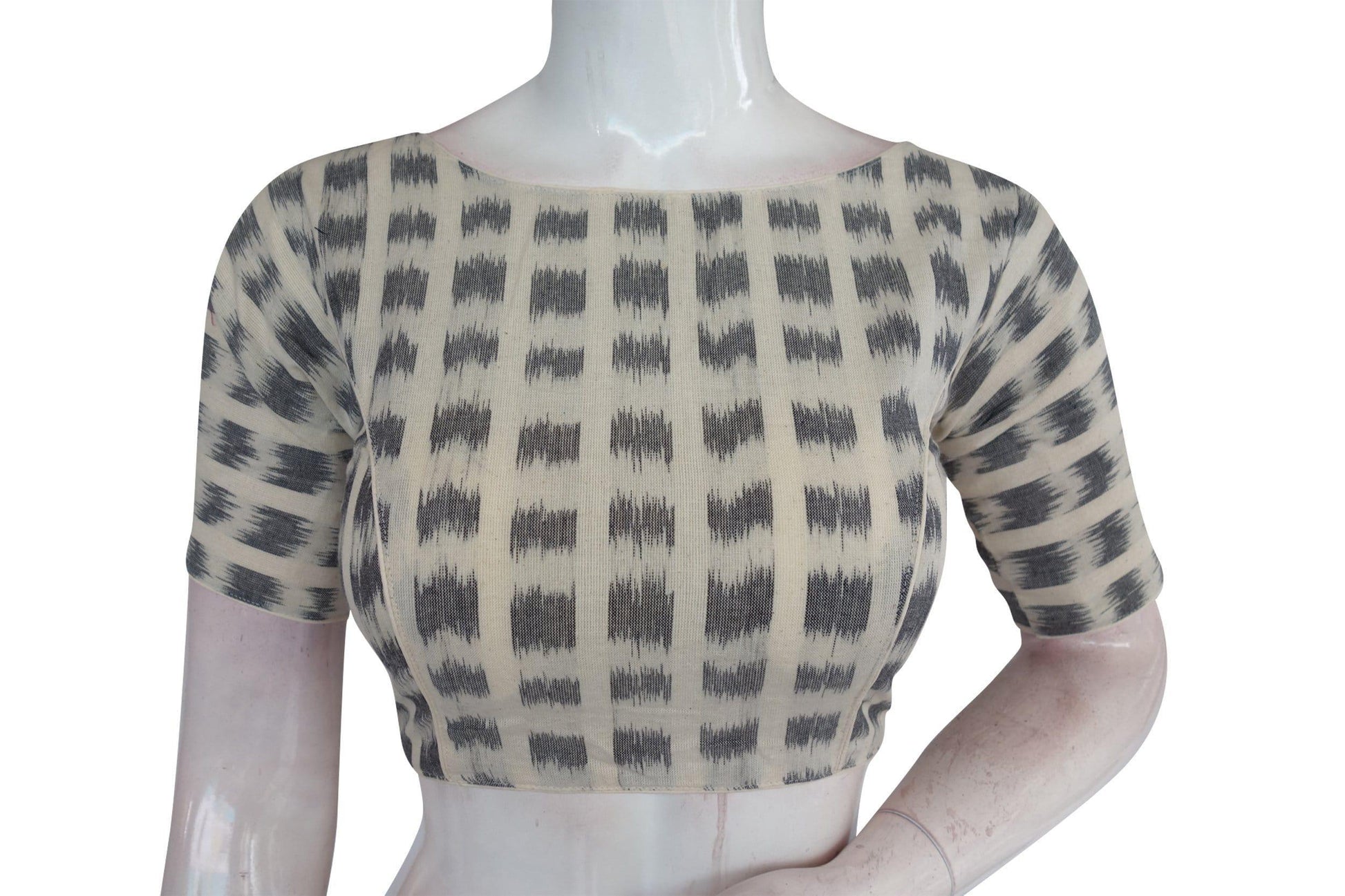 Half White Ikkat Boat Neck Designer Readymade Saree Blouses, Elevate Your Casual Look - D3blouses
