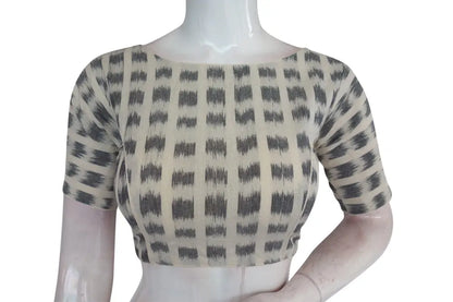 Half White Ikkat Boat Neck Designer Readymade Saree Blouses, Elevate Your Casual Look - D3blouses