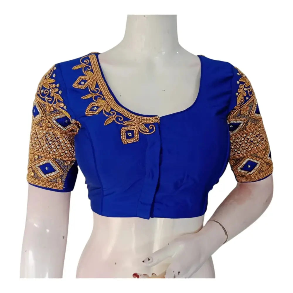 Handcrafted Royal Blue Wedding Silk Saree Ready made Blouse - Luxurious & Elegant - D3blouses
