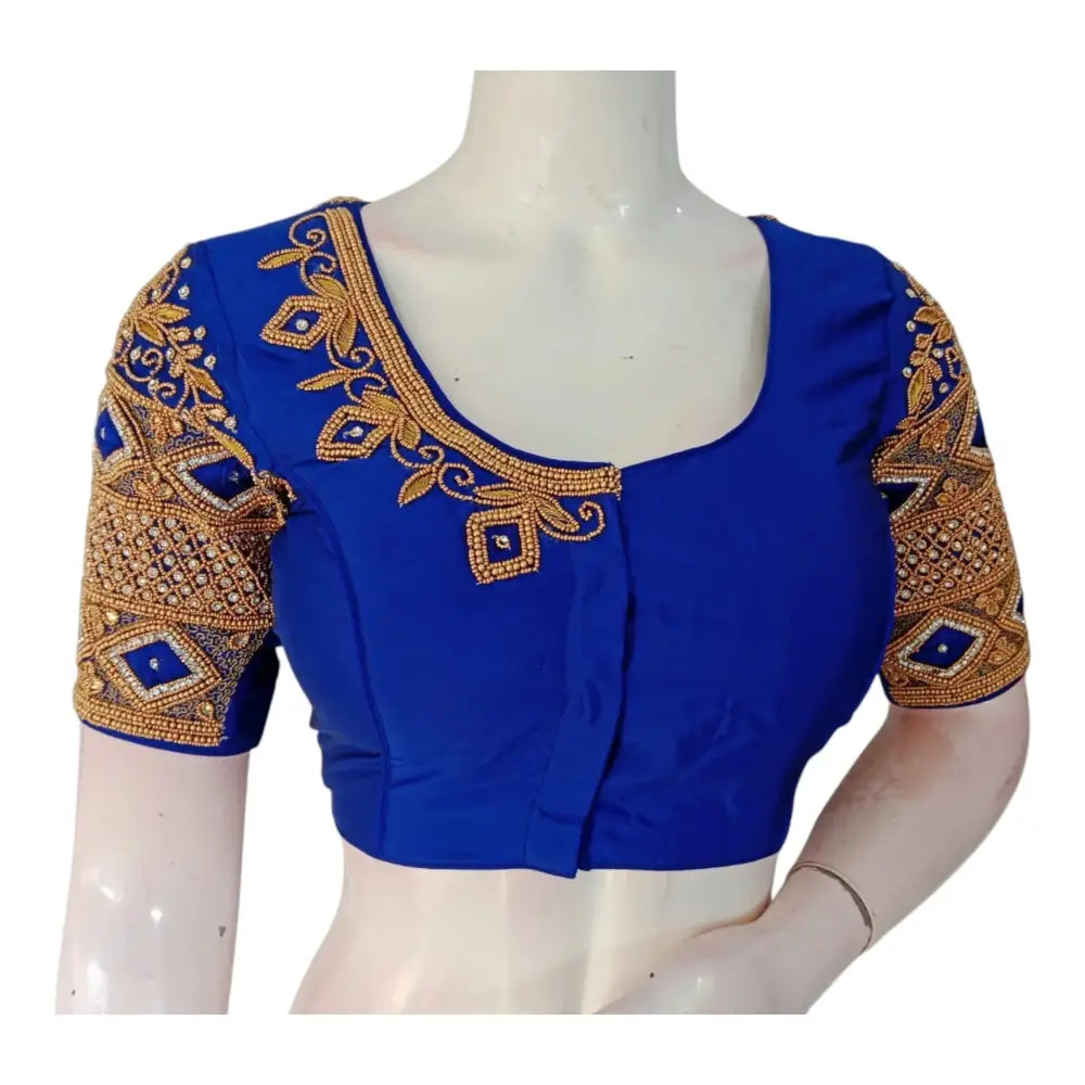 Handcrafted Royal Blue Wedding Silk Saree Ready made Blouse - Luxurious & Elegant - D3blouses