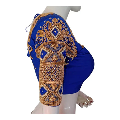 Handcrafted Royal Blue Wedding Silk Saree Ready made Blouse - Luxurious & Elegant - D3blouses