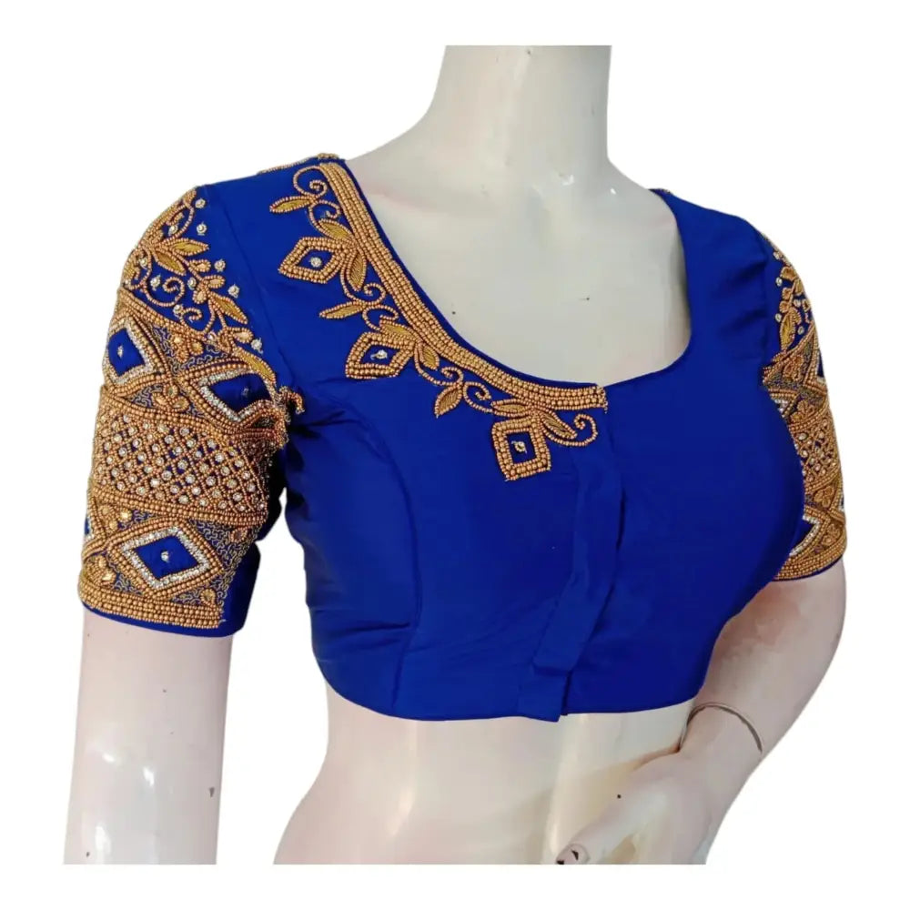 Handcrafted Royal Blue Wedding Silk Saree Ready made Blouse - Luxurious & Elegant - D3blouses