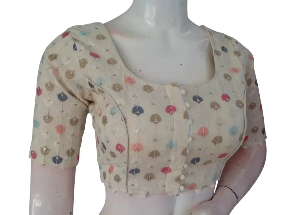 Handwoven Khadi Cotton Readymade Blouse: Sequined Floral Embroidery - D3blouses