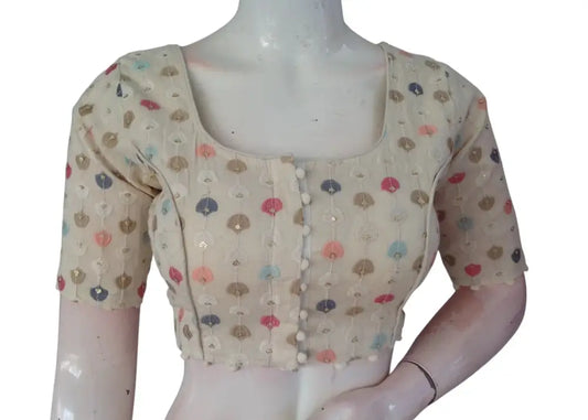 Handwoven Khadi Cotton Readymade Blouse: Sequined Floral Embroidery - D3blouses