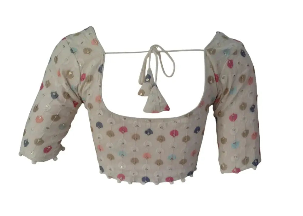 Handwoven Khadi Cotton Readymade Blouse: Sequined Floral Embroidery - D3blouses