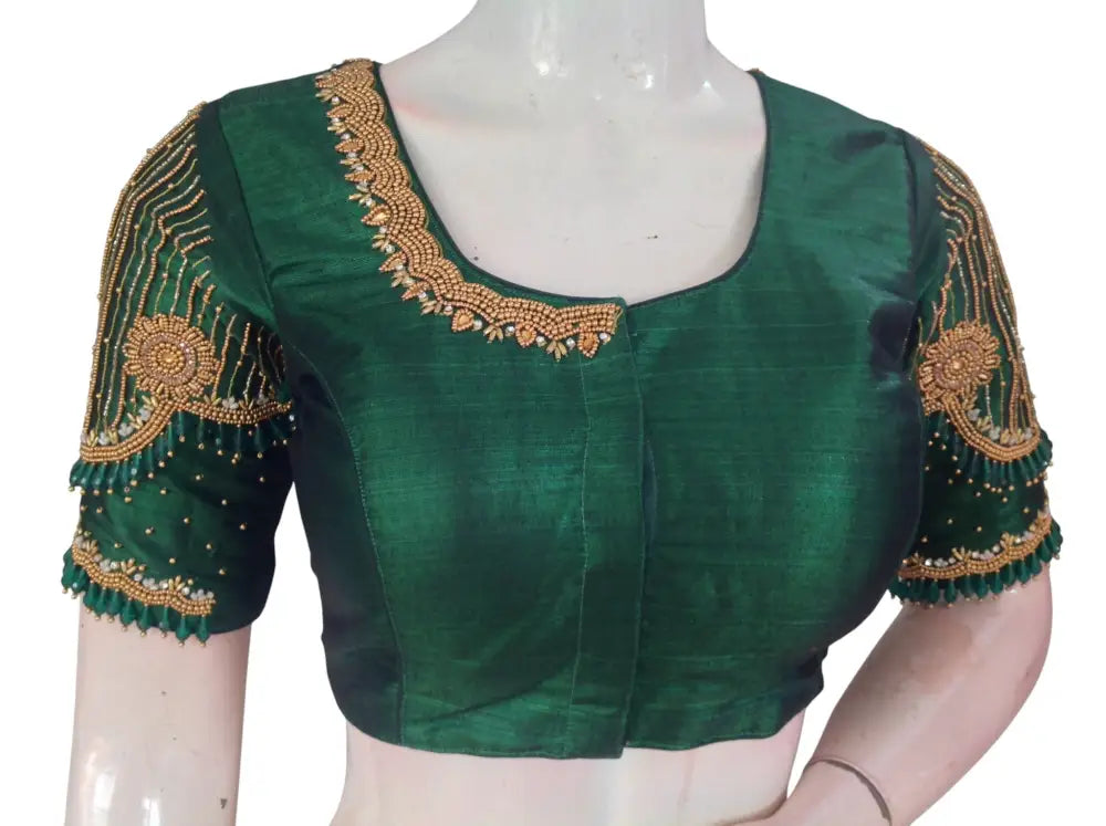 Heavy Aari Handwork Bridal Silk Readymade Blouse - Multi Color Options (Padded Princess Cut) Readymade Blouse - Green
