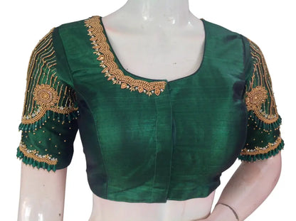 Heavy Aari Handwork Bridal Silk Readymade Blouse - Multi Color Options (Padded Princess Cut) Readymade Blouse - Green