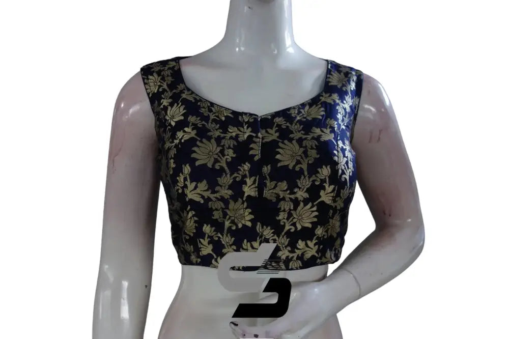 High Neck Banaras Brocade Silk Partywear Saree Blouses - Navy Blue - D3blouses