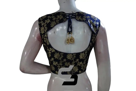 High Neck Banaras Brocade Silk Partywear Saree Blouses - Navy Blue - D3blouses
