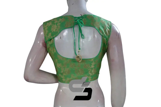 High Neck Banaras Brocade Silk Partywear Saree Blouses - Pastel Green - D3blouses