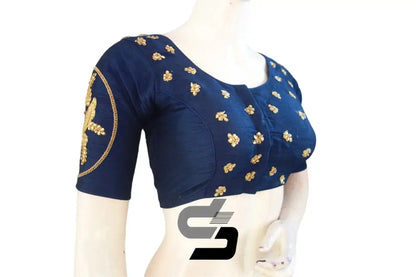 High Neck Navy Blue Semi Silk Embroidered Saree Blouses - D3blouses