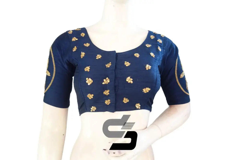 High Neck Navy Blue Semi Silk Embroidered Saree Blouses - D3blouses