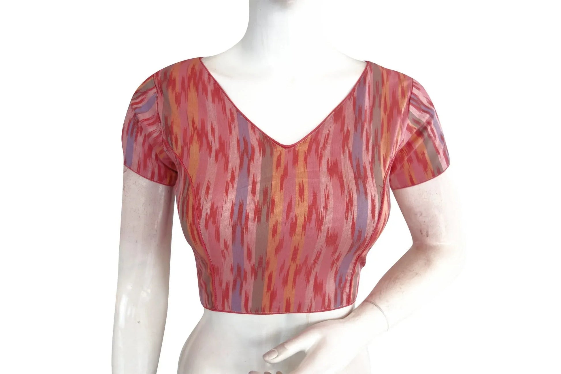 Ikkat V-Neck Designer Readymade Saree Blouse - D3blouses